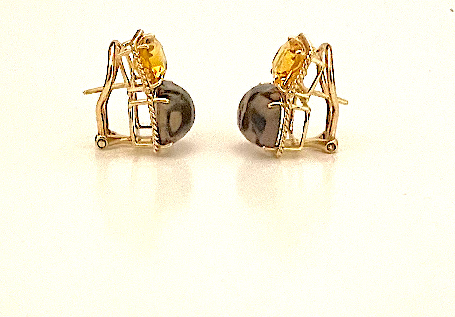 18kt Yellow Gold Cushion Rope Twist Border Earring with Citrine and Smoky Topaz