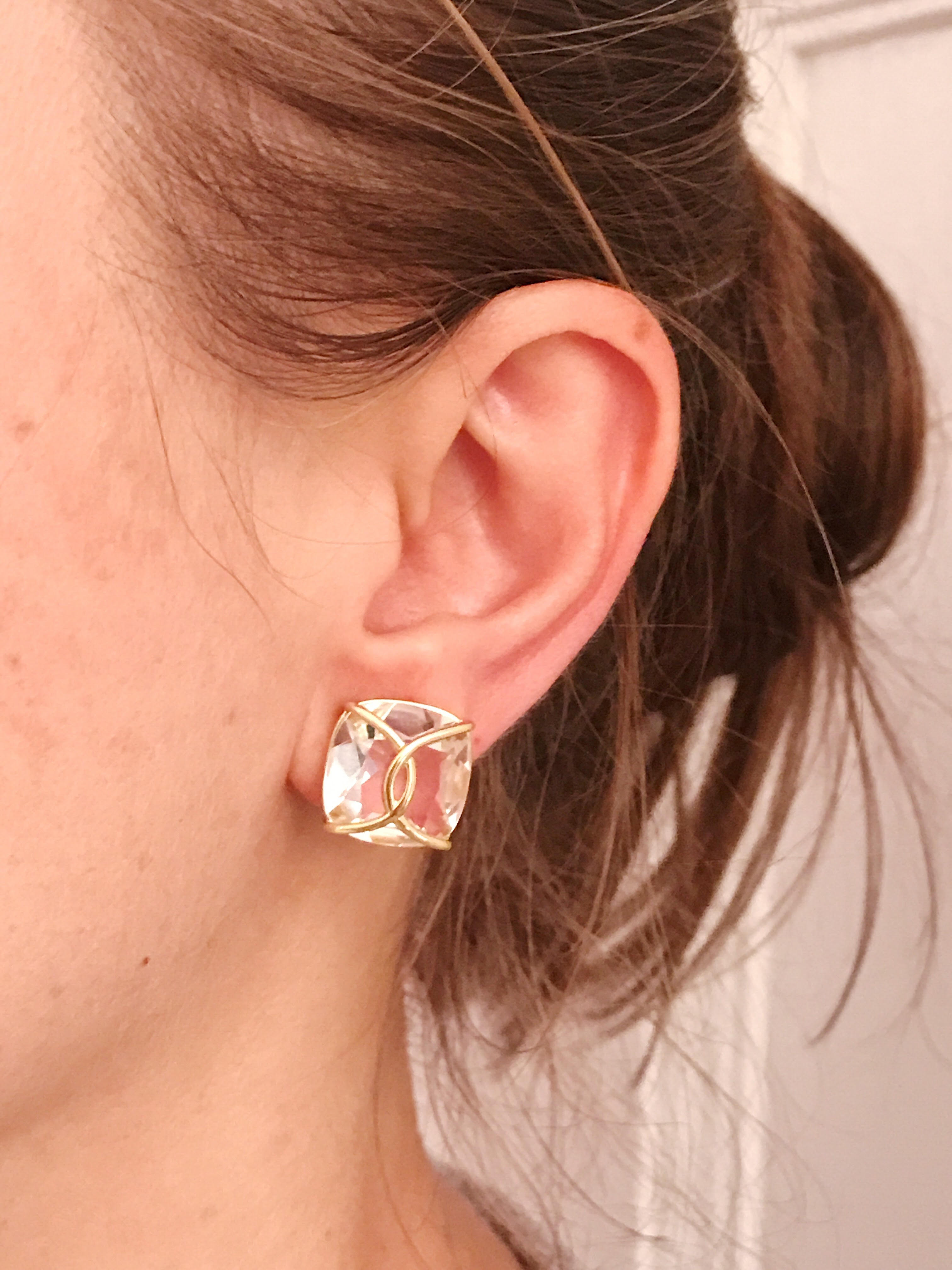 Large Rock Crystal Cushion Stud Earring with Yellow Gold Wire Wrap