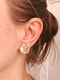 Rock Crystal Cushion Stud Earring with Yellow Gold Wire Wrap