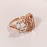Morganite and Rock Crystal Rose Gold Three Stone Cushion Ring