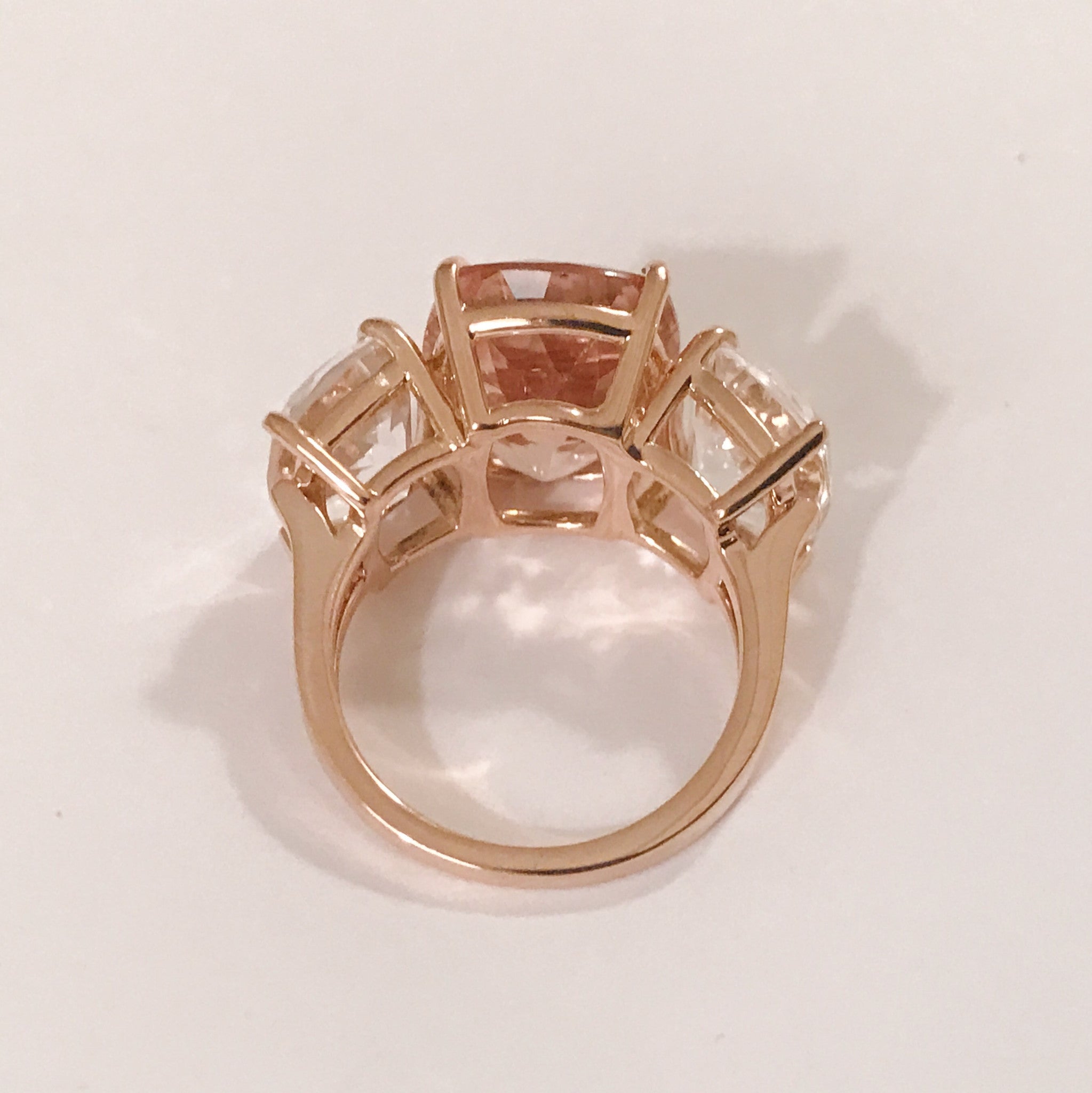 Morganite and Rock Crystal Rose Gold Three Stone Cushion Ring