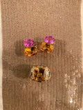Yellow Gold Double Cushion Earrings with Pink Topaz and Orange Citrine